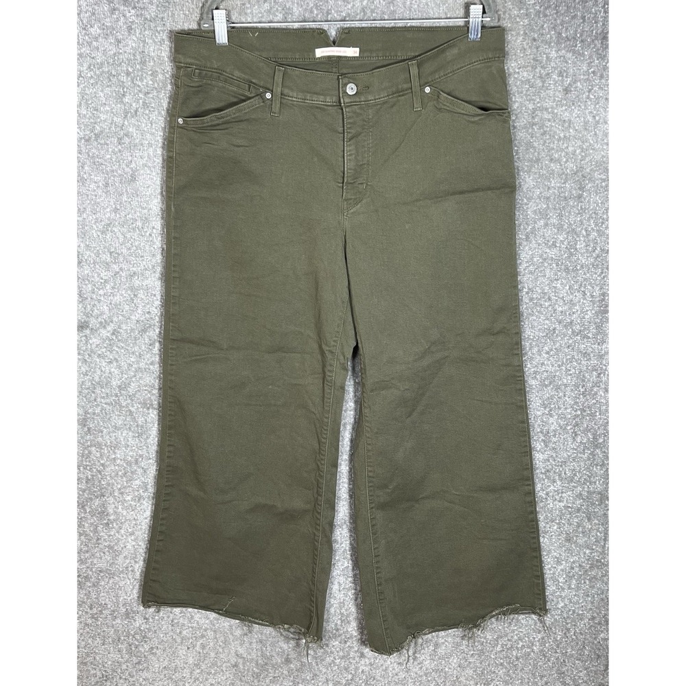 Levis 318 Shaping Wide Leg Jeans Womens Sz 34 Olive Green Denim Stretch Raw Hems